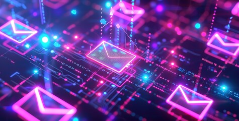 a black background patterned with neon purple featuring several neon purple envelopes