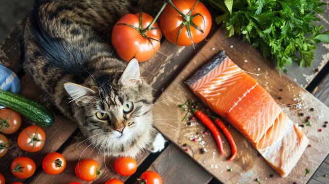 A cat watches as its owner prepares fresh salmon, tomatoes, and herbs for a nutritious homemade meal in a cozy kitchen