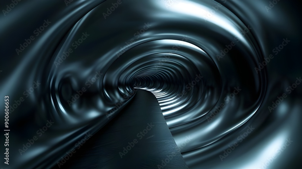 Poster a sleek, dark metallic tunnel with smooth, reflective surfaces creating a mysterious and futuristic 