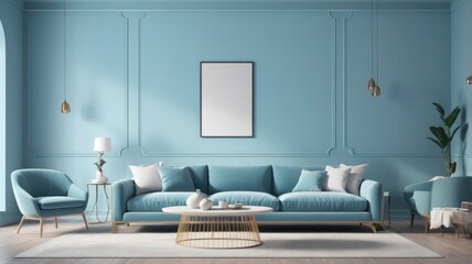 Modern lounge with celeste accents, sky blue walls, and furniture, interior mockup