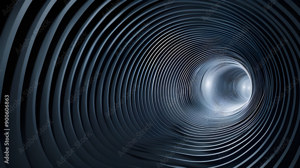 Poster A monochromatic spiral tunnel with a glowing light at the end, creating a futuristic and minimalist visual effect.