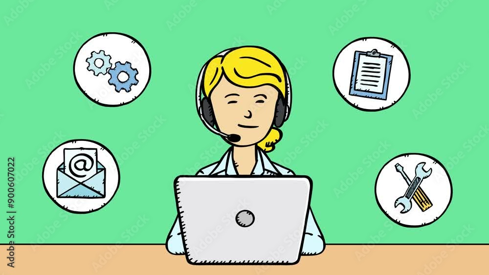 Poster a customer support worker is working on a laptop. she is talking to a customer. she is smiling and d