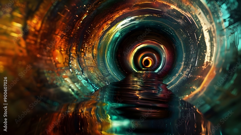 Poster Abstract art depicting a vortex tunnel with fiery hues of orange, yellow, green, and red, creating a dynamic visual effect.