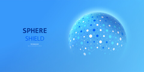 Sphere shield on blue background. Ai globe protect transparent ball.  Dome barrier technology vector. Cyber, uv, virus protection hexagon shield futuristic design. © SidorArt