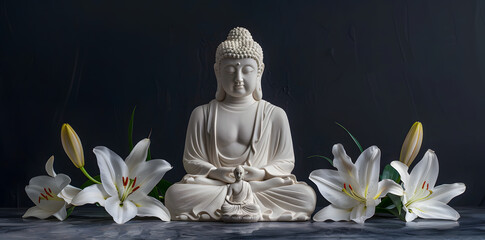 "Buddha Statue with Lotus Flowers on the Floor, Simple Background"