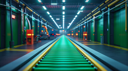 Fototapeta premium Bright and Busy 3D Cartoon Green Conveyor Belt with Automated Machines in Production Line with Copy Space.