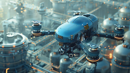 Futuristic Drone in Industrial Landscape: A sleek blue drone soars above a complex industrial cityscape, highlighting the cutting-edge technology and potential of unmanned aerial vehicles in modern ma