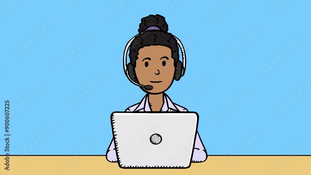 Poster a tech support worker is working on a laptop. she is talking to a customer. she is smiling and dress