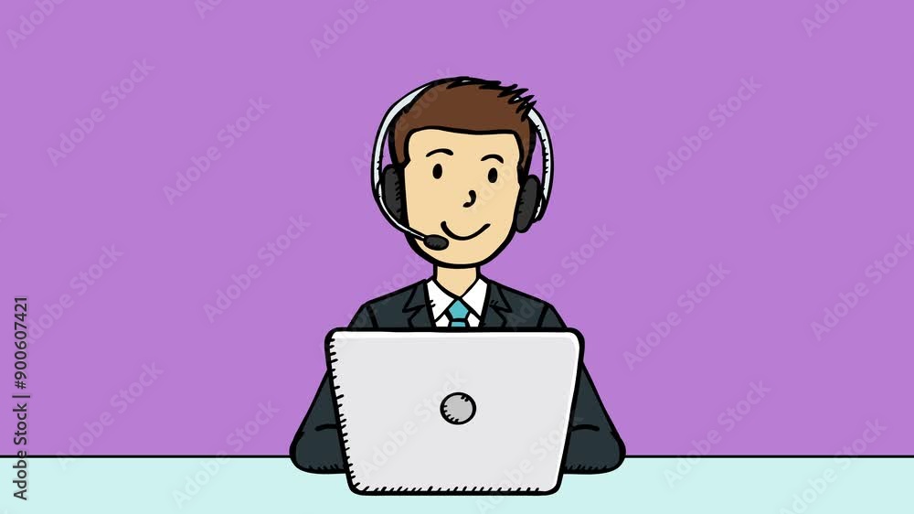 Poster doodle of customer service representative works on laptop. he has headset on. he talks to customer. 