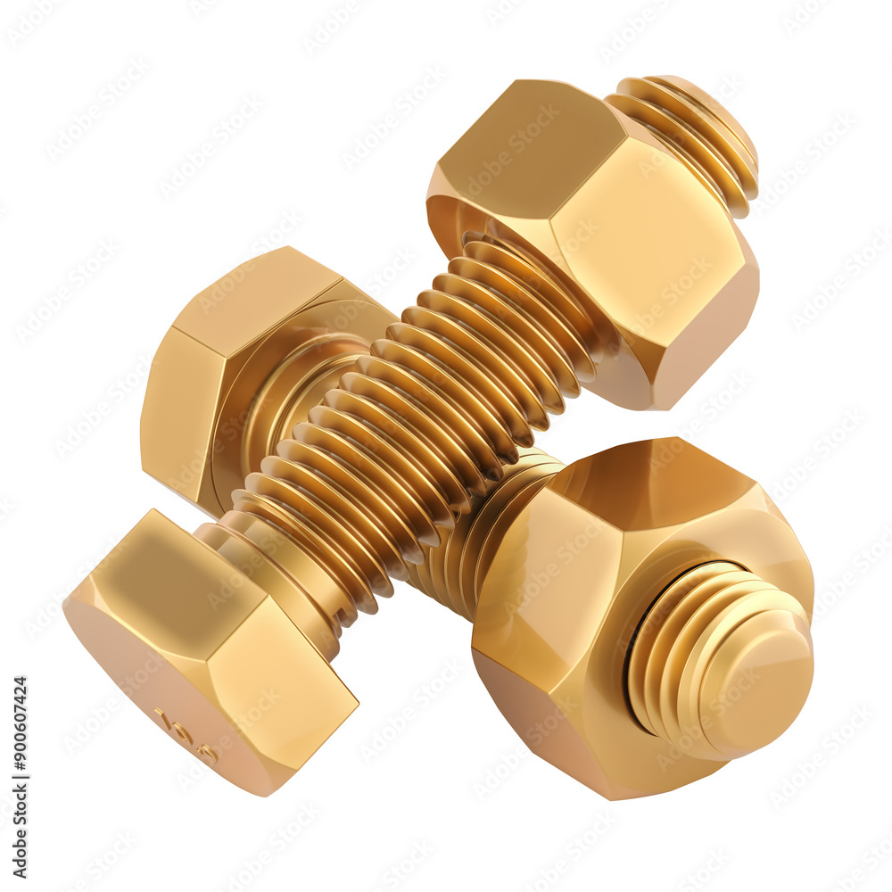 Poster copper bolts with washers and nuts, 3d rendering isolated on transparent background