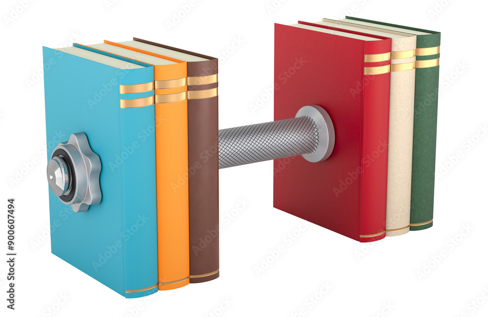 Aufkleber dumbbell made from stack of books. train and pump you brain, concept. 3d rendering isolated on black