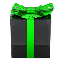 Black Gift Box with green ribbon and bow. 3D rendering isolated on transparent background