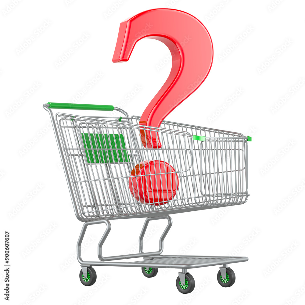 Poster question mark inside shopping cart, 3d rendering isolated on transparent background