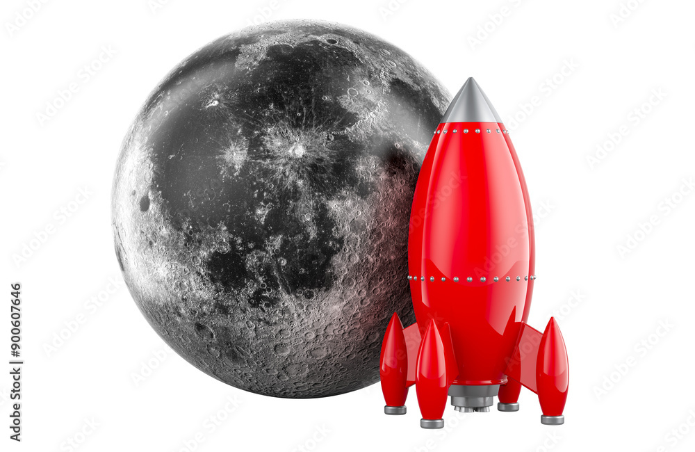Aufkleber to the moon, concept. moon with rocket ship. 3d rendering isolated on transparent background