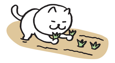 農業をする目が細いかわいい白猫のキャラ素材