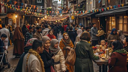 Obraz premium A group of people, including families and friends, enjoying food and shopping together at a festival