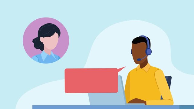 Conversation between a customer service representative and a client. The customer presents her problem. At the end of the conversation, the customer gives a five-star review. 2D flat design animation.