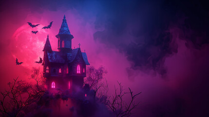Spooky Neon Pink and Black Haunted House with Bats - 3D Cartoon Illustration with Copy Space