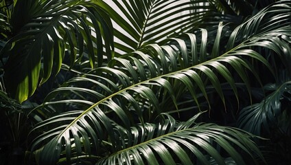 Tropical palm leaf pattern background. Floral wallpaper with sun casting shadows. High contrast