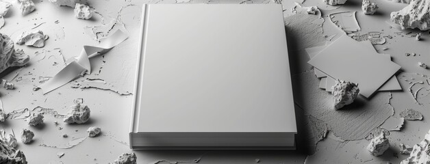 A white rectangle book rests on a concrete surface