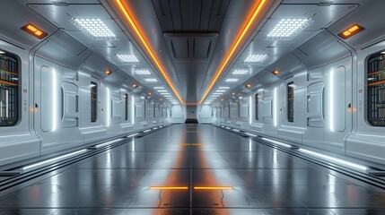 Obraz premium Futuristic hallway with parallel metal fixtures on the ceiling