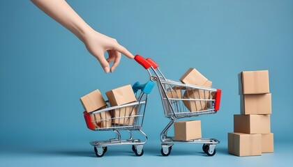 Toy shopping cart with boxes in female hand over blue background. Copy space for text or design. Ssale, discount, shopaholism concept. Consumer society trend