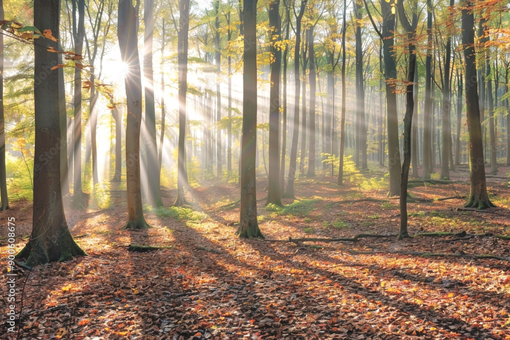Poster sunlight streaming through the trees in an autumn forest with fallen leaves on the ground