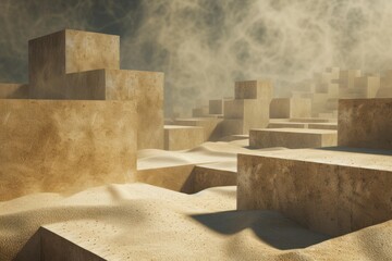 Abstract landscape of cubic structures in a sandy environment with atmospheric fog