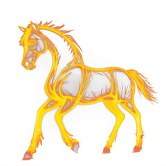 Glowing yellow neon illustration of a horse on a transparent background.
