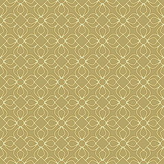 Seamless pattern with floral ornaments arranged symmetrically and repeating on a light brown background. Suitable for various decoration purposes such as textiles, fabrics, wallpapers, backdrops, etc.