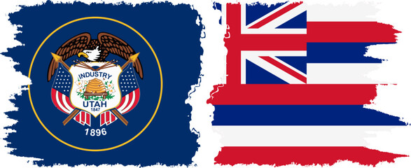 Hawaii and Utah states grunge brush flags connection, vector