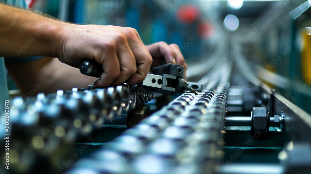 Poster precision on the assembly line: close-up hands of a worker meticulously assembling parts on a manufa