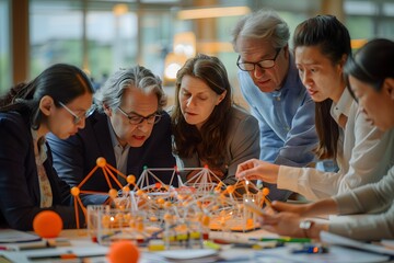 Collaborative Innovation: A diverse team of professionals, including a mix of ages and ethnicities, collaborates on a complex project, their focus and determination evident as they work together 