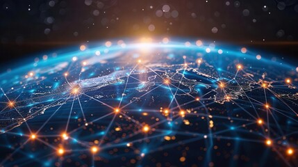 Obraz premium Abstract globe with luminous connection links, communication technology, worldwide data transfer