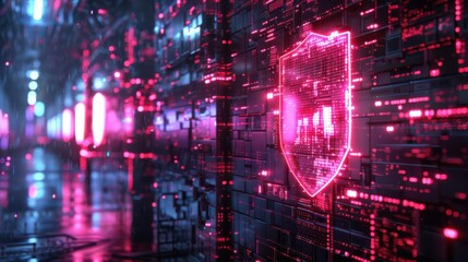 Fototapeta premium Cybersecurity, neon firewall interface, futuristic digital shield, advanced protection system