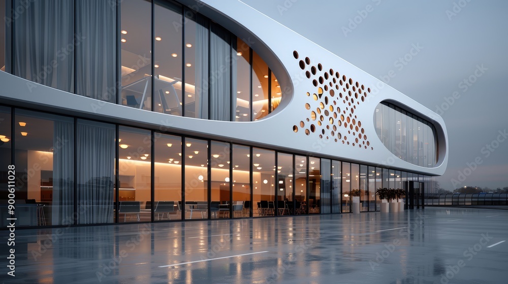 Poster architectural projects, modern building features a sleek design with large glass windows and a uniqu