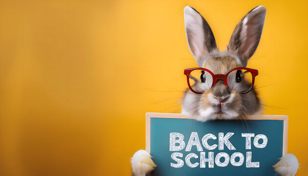 nerd, bunny, hase, h&auml;lt, schild, mit, text, back, to, school, lehrer, lampe, clos euh, copy space, new, s&uuml;ss, tier, schild, geschrieben, Buchstaben, schrift, Handschrift, kreativ, werbetafel, retro, 1