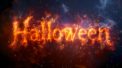 Fiery "Halloween" Text with Blazing Flames and Smoky Background, Creating an Intense and Dramatic Visual Effect