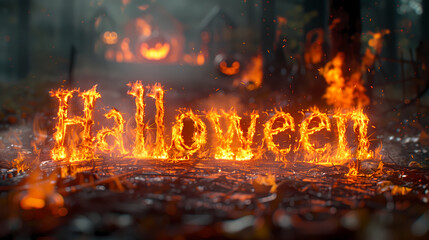 Fiery "Halloween" Text with Blazing Flames and Smoky Background, Creating an Intense and Dramatic Visual Effect