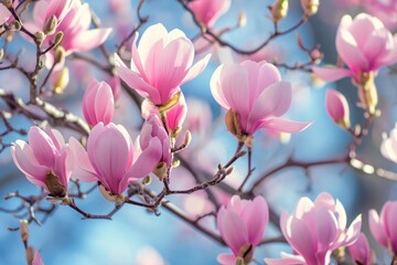 Close-up of delicate pink magnolia flowers in full bloom with a soft-focus blue background