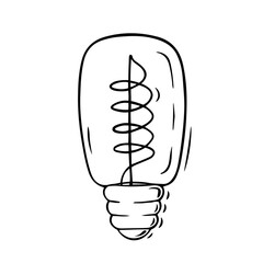 Edison light bulb in retro style, drawn linearly. Vector image isolated on white background. Glass incandescent light bulbs.