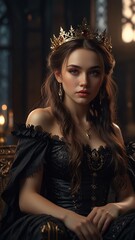 Fototapeta premium A woman with a black dress and a gold necklace is standing in a black dress with a gold pendant.