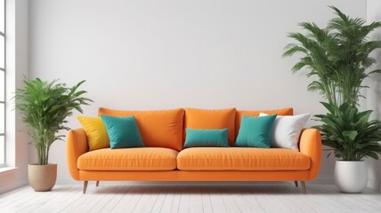 Orange sofa with colorful pillows, blank white wall and plants, ideal for mockup and wall art