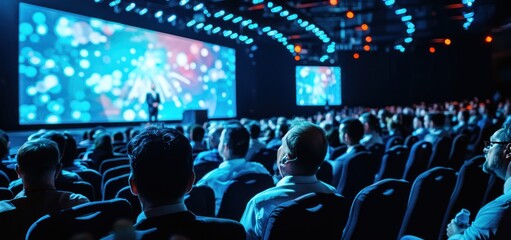 Audience in the auditorium with a wide LCD screen on the stage.