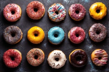 multicolored sprinkled donuts on dark stone background