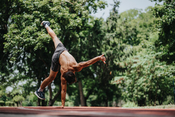 Athletic man performing acrobatic one-handed handstand outdoors on a sunny day in a park.