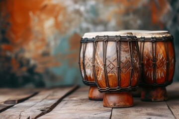 Close-up of a handcrafted african djembe drum with intricate designs, positioned on rustic wood