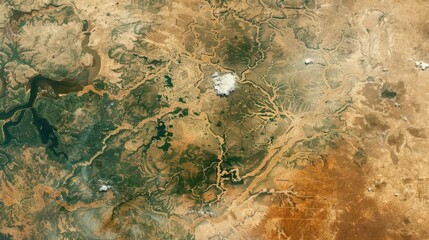 Aerial perspective reveals extensive land alteration, showcasing drastic changes in vegetation and terrain, highlighting environmental impact and geographic features