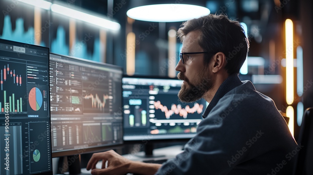 Poster data driven decisions: a focused businessman analyzes financial charts on multiple monitors, showcas