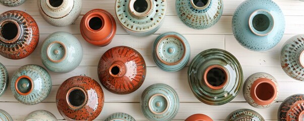 Zoom in from above to showcase the skilled craftsmanship and unique techniques that make each piece of handmade pottery a work of art